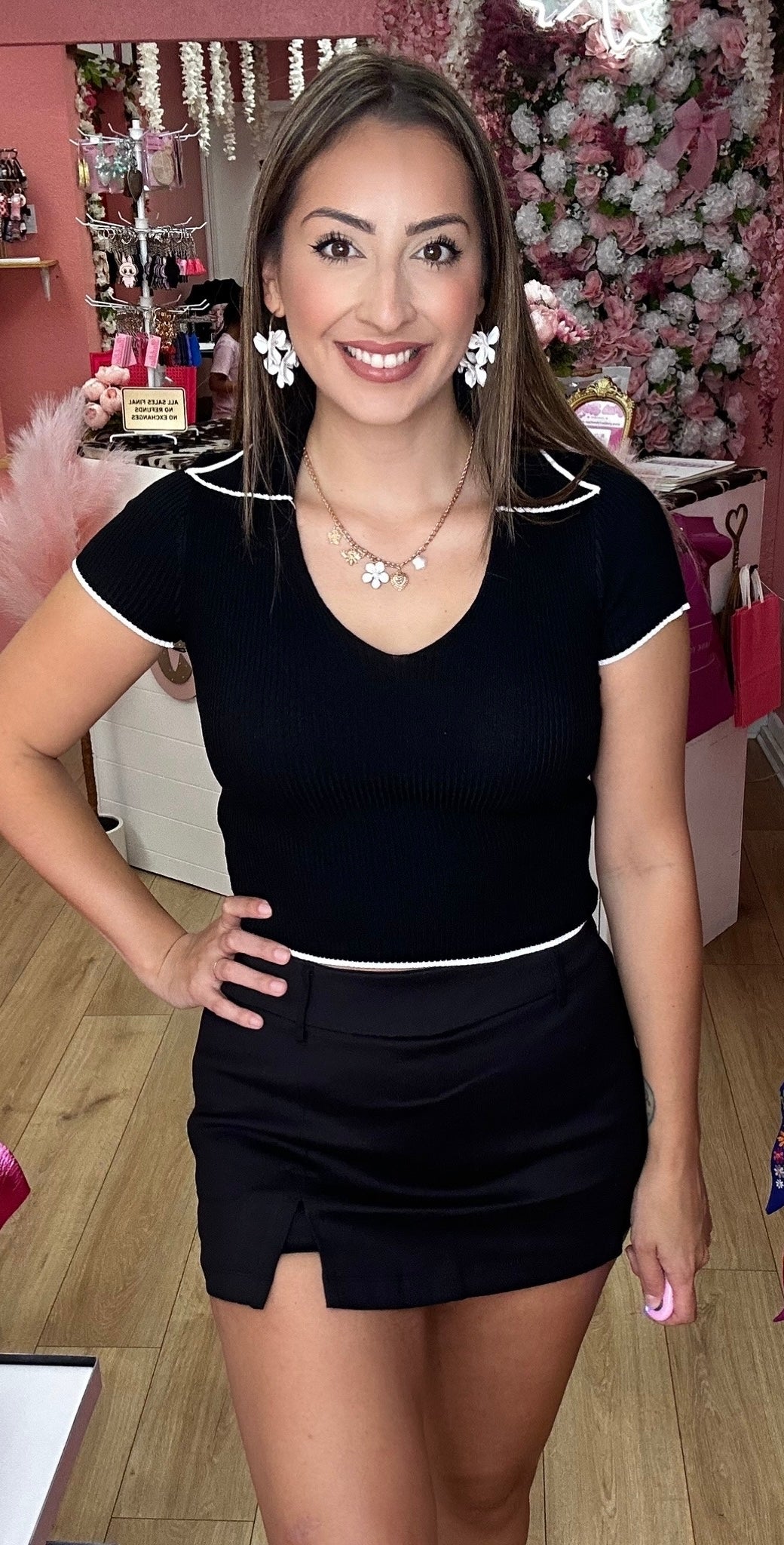 Julie black and white ribbed polo
