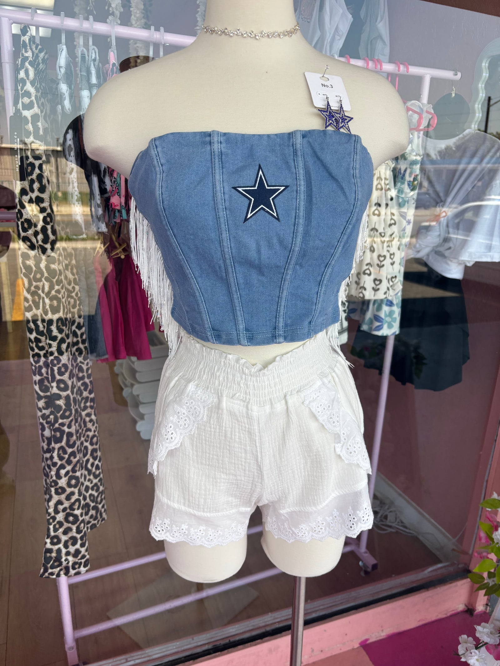 Jean star with white fringe top